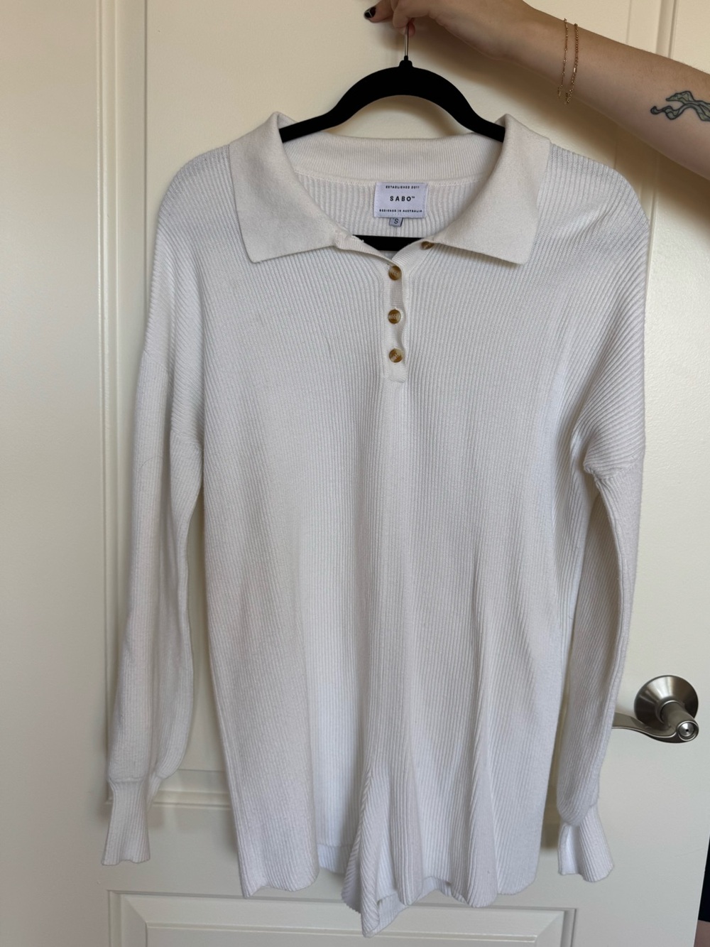 SABO Knit Polo Long-Sleeve Romper in White